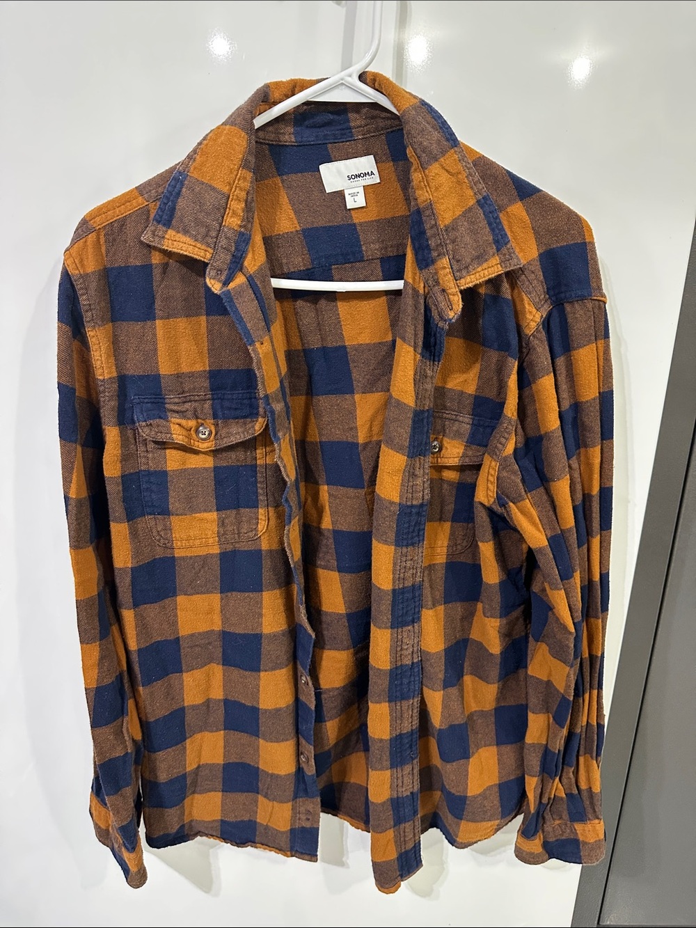 Sonoma Men's Navy and Orange Plaid Button-Down Shirt